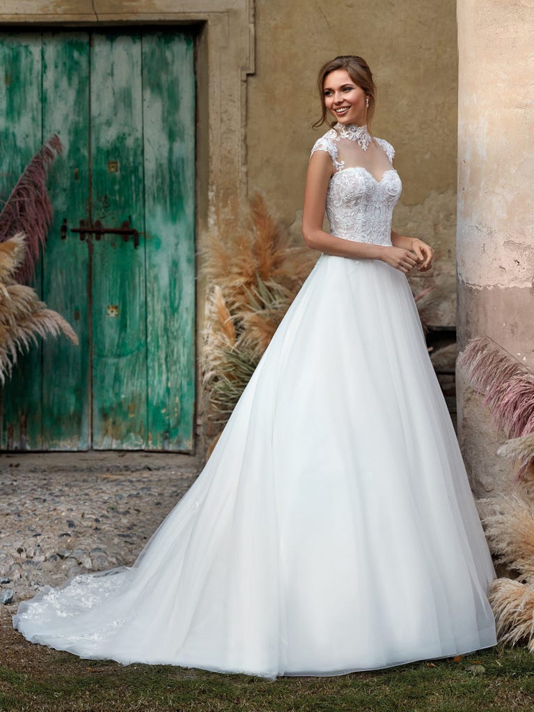 Delightful, satin A-line gown with polka dot, glitter tulle skirt. And you will be wonderful!