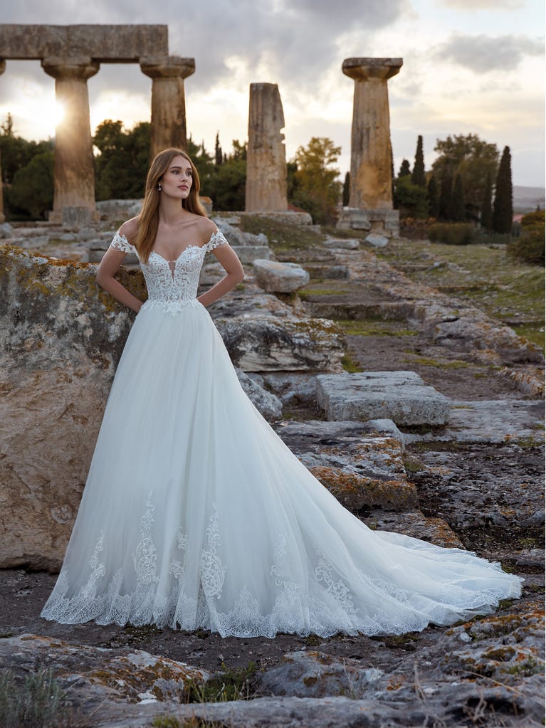 Charming mermaid dress in tulle and chantilly lace. The soft, tulle voile sleeves float like wings!
