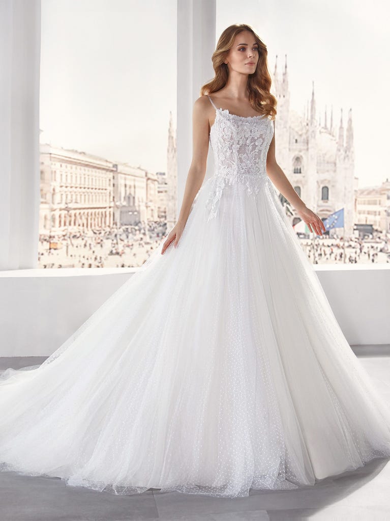 Delightful, satin A-line gown with polka dot, glitter tulle skirt. And you will be wonderful!