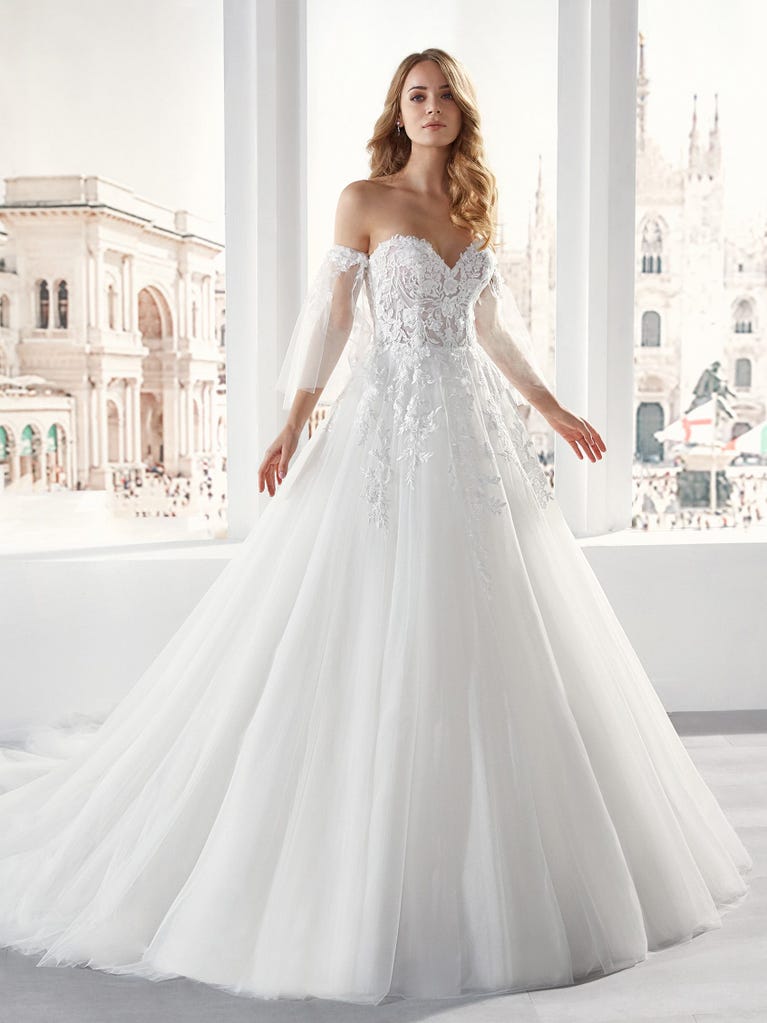 Delightful, satin A-line gown with polka dot, glitter tulle skirt. And you will be wonderful!