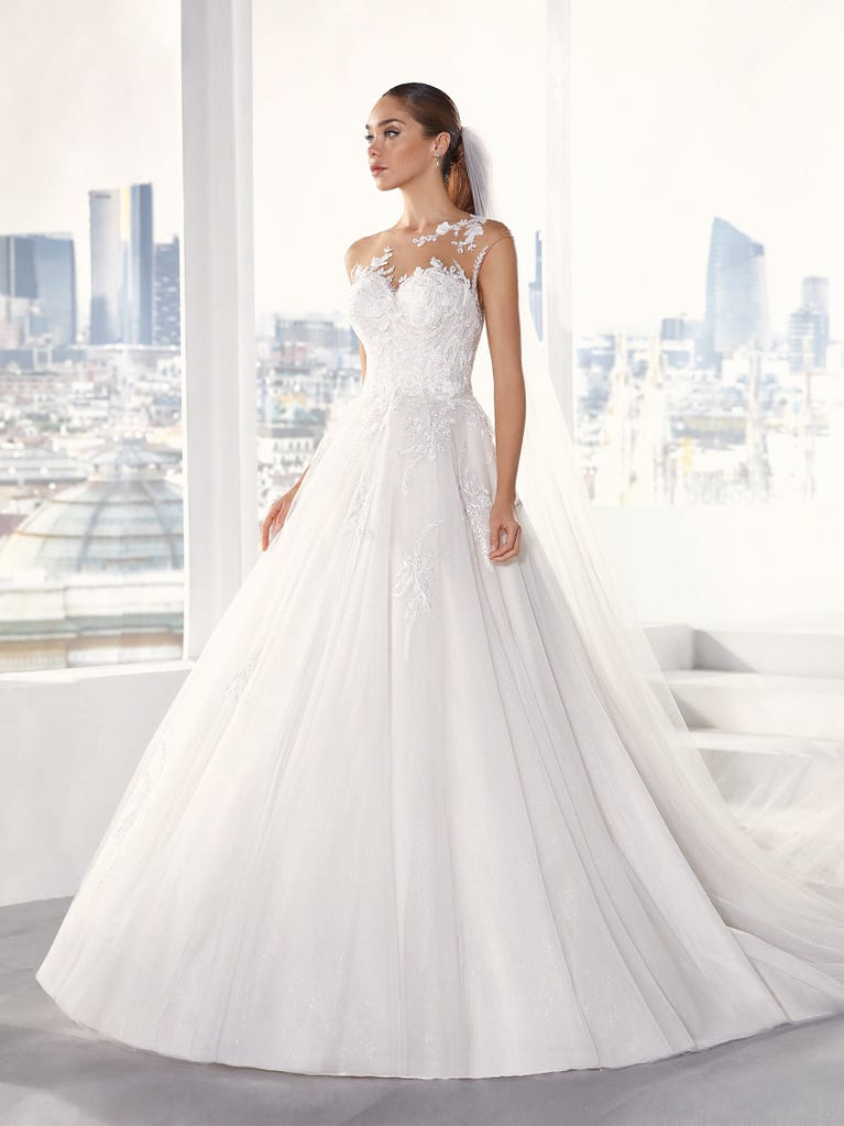 Delightful, satin A-line gown with polka dot, glitter tulle skirt. And you will be wonderful!