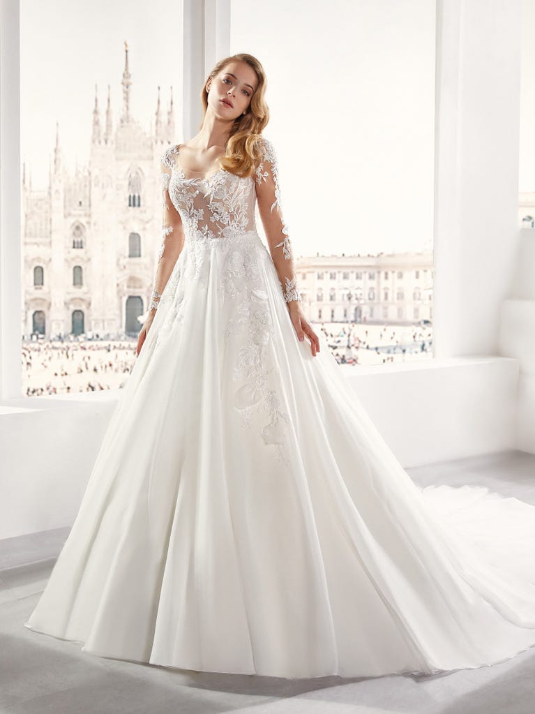 Delightful, satin A-line gown with polka dot, glitter tulle skirt. And you will be wonderful!