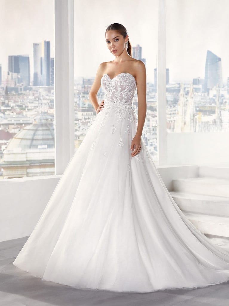 Delightful, satin A-line gown with polka dot, glitter tulle skirt. And you will be wonderful!