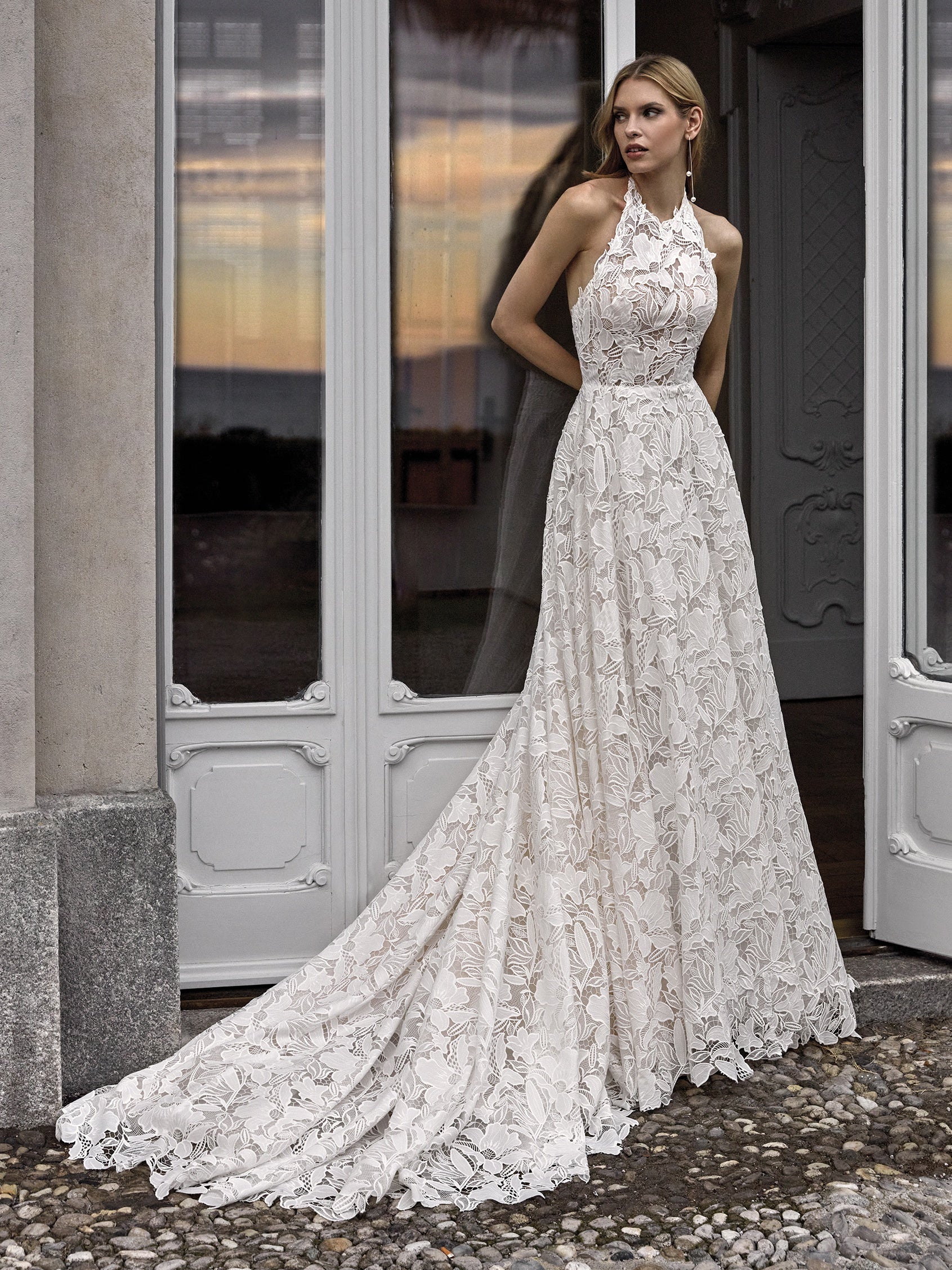 KIA, A-line wedding dress with halter neck