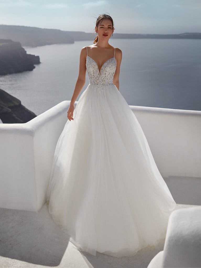 Delightful, satin A-line gown with polka dot, glitter tulle skirt. And you will be wonderful!