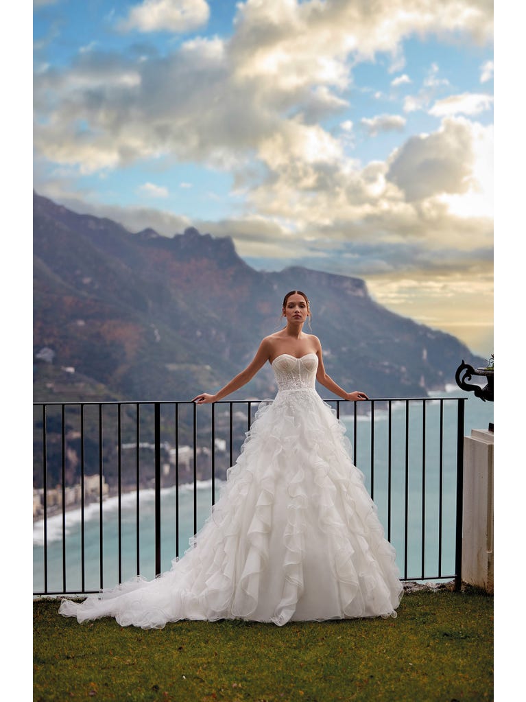 Tulle wedding dress with sleeveless bodice and sweetheart neckline. The embroidered lace creates a fabulous 3D effect, and the removable sleeves will look perfect during the ceremony.