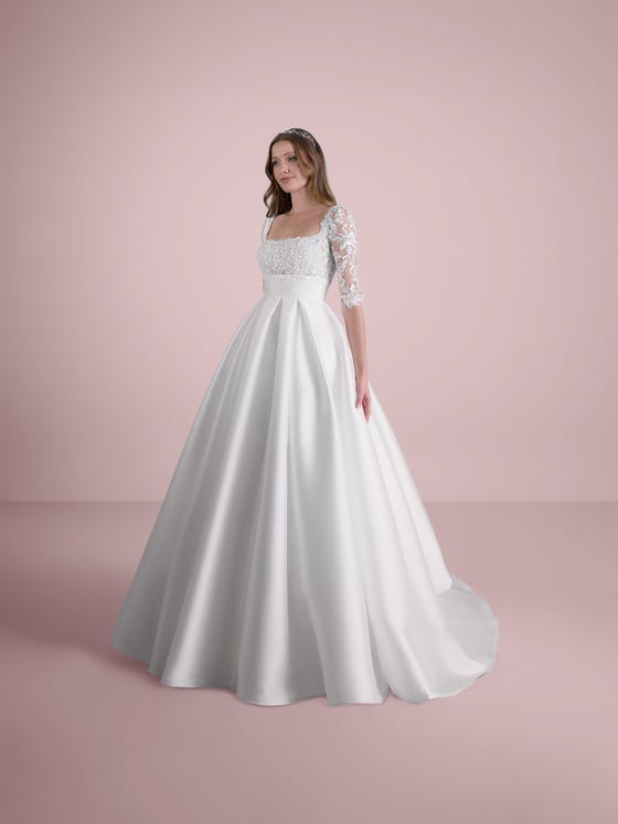 front part princess wedding dress square neckline three-quarter sleeves mikado oread