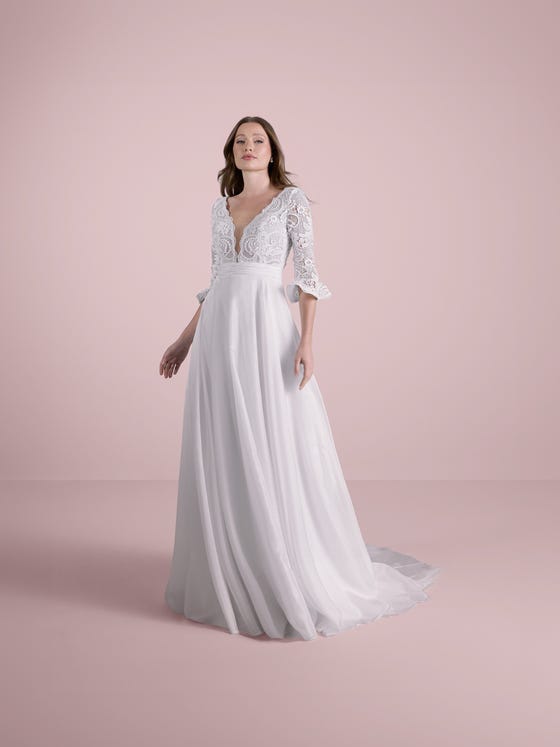 front part fit & flare wedding dress V-neck organza polydora