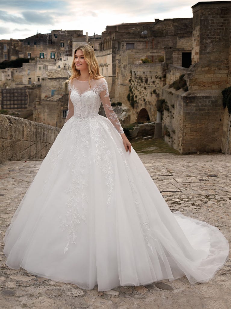 Delightful, satin A-line gown with polka dot, glitter tulle skirt. And you will be wonderful!