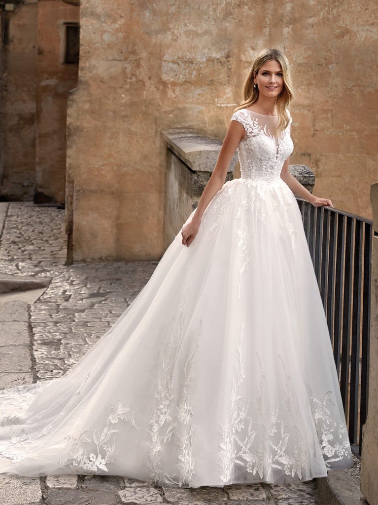 Delightful, satin A-line gown with polka dot, glitter tulle skirt. And you will be wonderful!
