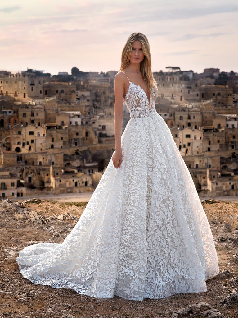 Delightful, satin A-line gown with polka dot, glitter tulle skirt. And you will be wonderful!