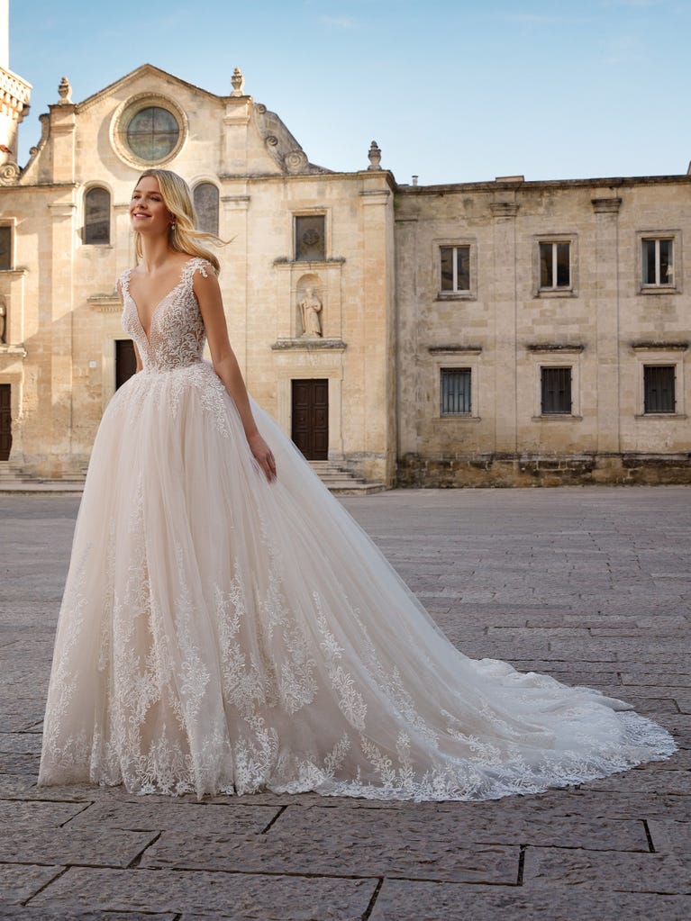 Delightful, satin A-line gown with polka dot, glitter tulle skirt. And you will be wonderful!
