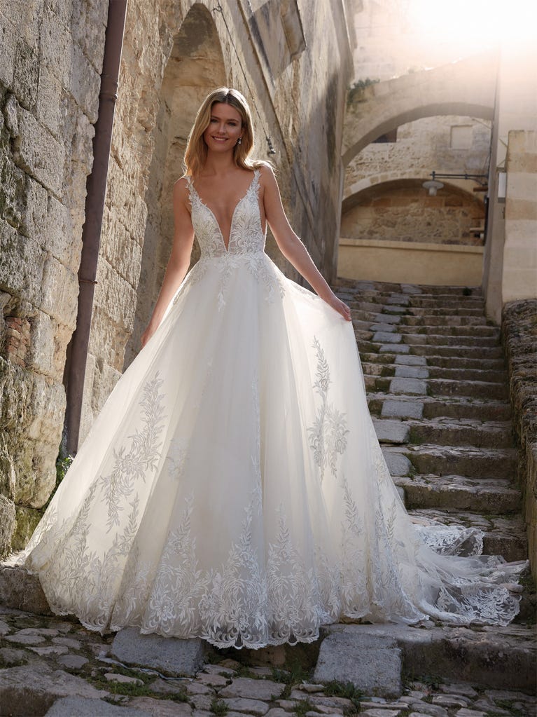 Delightful, satin A-line gown with polka dot, glitter tulle skirt. And you will be wonderful!