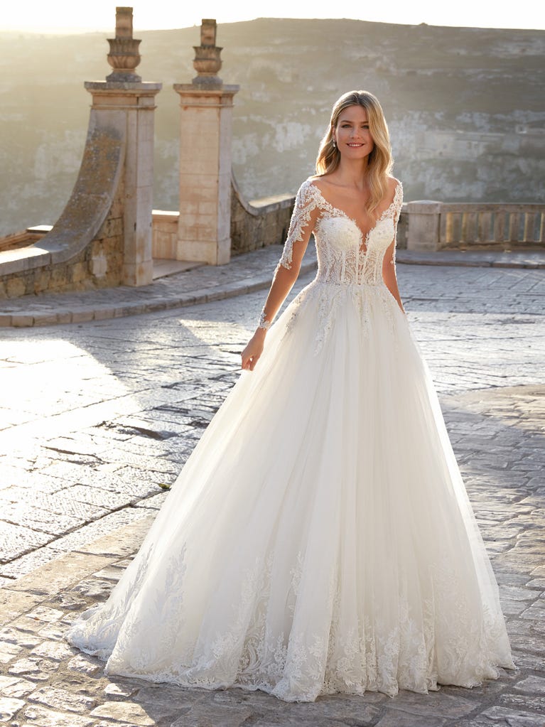Delightful, satin A-line gown with polka dot, glitter tulle skirt. And you will be wonderful!