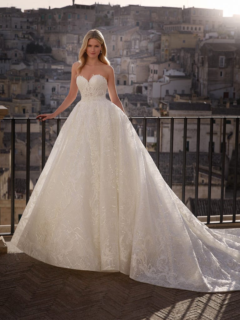 Delightful, satin A-line gown with polka dot, glitter tulle skirt. And you will be wonderful!