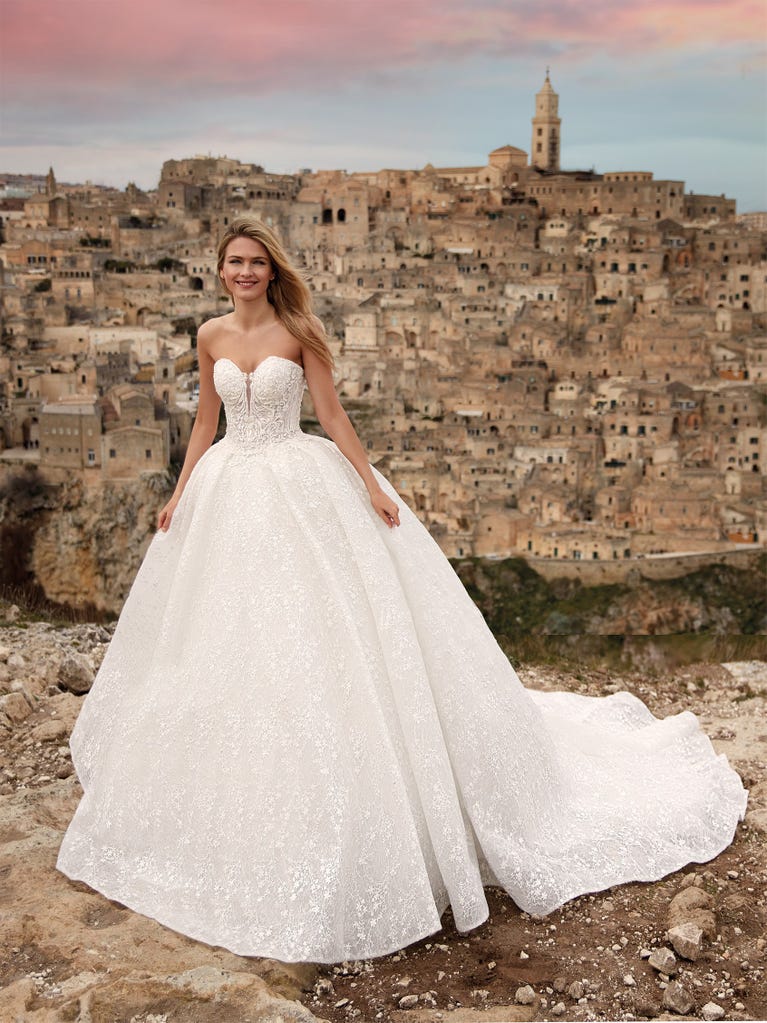 Delightful, satin A-line gown with polka dot, glitter tulle skirt. And you will be wonderful!