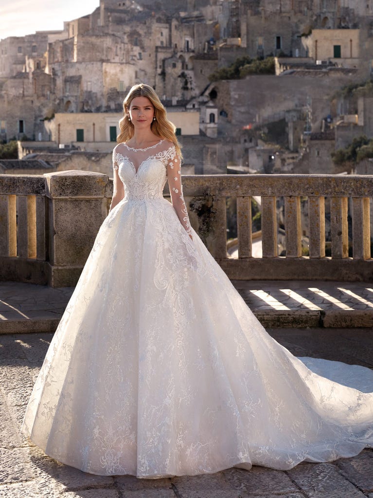 Delightful, satin A-line gown with polka dot, glitter tulle skirt. And you will be wonderful!