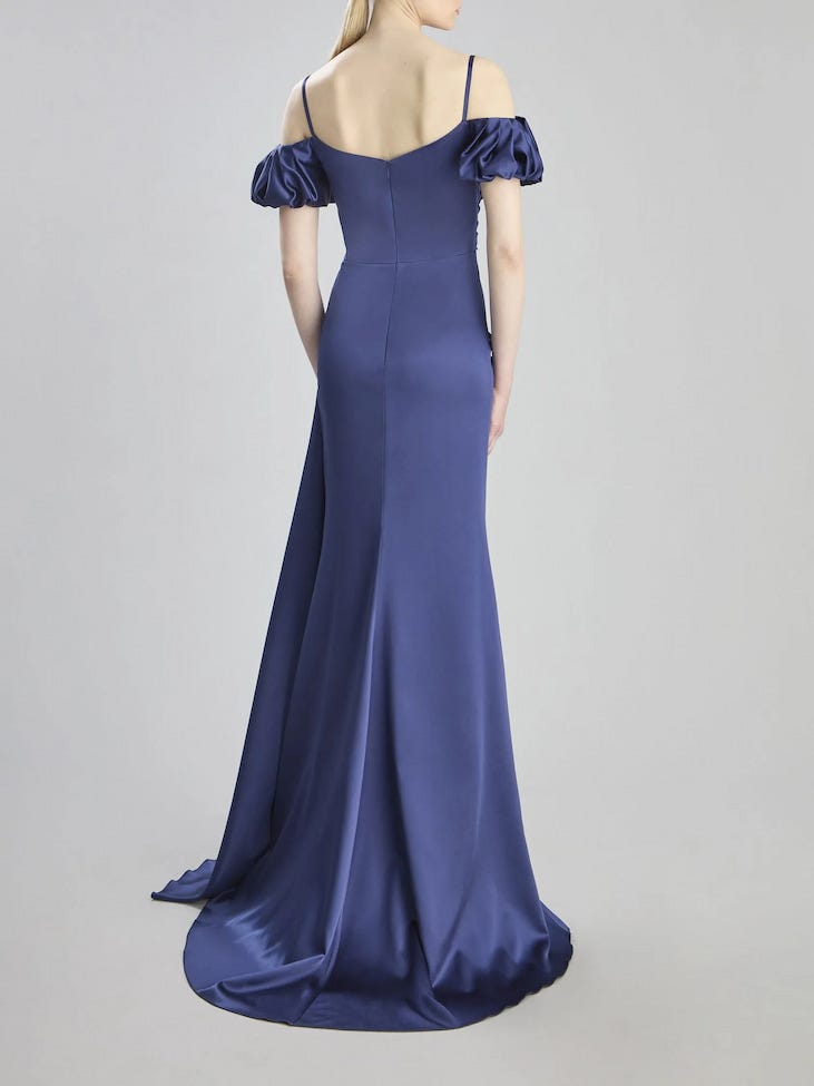 Vestido largo azul con manga corta para madrinas elegantes y sencillas
