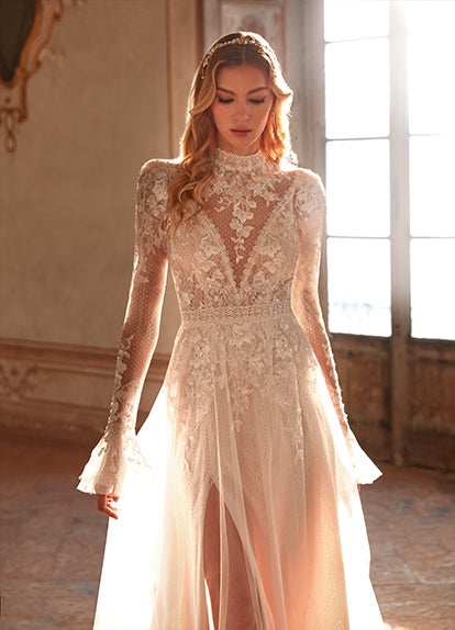 Elegant High Neck Retro Lace Wedding Gown - OneSimpleGown.com