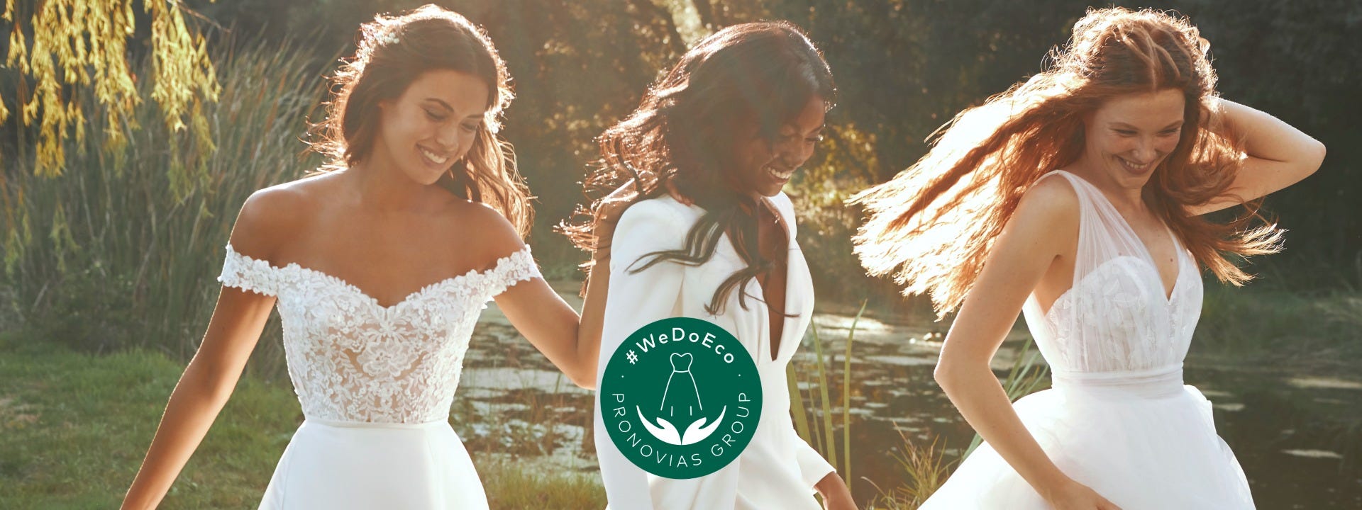 Three brides in Nicole Milano dresses. #WeDoEco Pronovias Group logo.